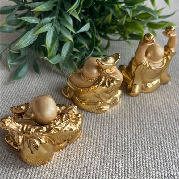 SET OF 3 | Gold Tone Laughing Buddha Trio | Feng Shui | Wealth & Joy - Picture 7 of 8